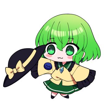 Rule 34 | 1girl, :3, absurdres, black hat, black shoes, blush stickers, bow, bright pupils, buttons, chibi, chibi only, closed mouth, collared shirt, commentary request, contrast collar, diamond button, frilled shirt collar, frilled sleeves, frills, full body, green eyes, green hair, green skirt, hair between eyes, hat, hat bow, highres, holding, holding unworn clothes, holding unworn hat, komeiji koishi, long sleeves, shirt, shoes, short hair, simple background, skirt, sleeves past fingers, sleeves past wrists, solo, standing, third eye, touhou, unworn hat, unworn headwear, white background, white pupils, yellow bow, yellow shirt, you (noanoamoemoe)