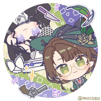 Rule 34 | 2girls, beamed sixteenth notes, black hair, bow, brown hair, chibi, closed mouth, dress, eighth note, feathers, flower, glasses, green background, green eyes, green feathers, green hat, green jacket, gun, handgun, hat, hat bow, hat feather, hat flower, highres, isolde (reverse:1999), jacket, kakania (reverse:1999), long hair, looking at viewer, mossi (mossi0816), multiple girls, musical note, neck ribbon, purple eyes, red ribbon, reverse:1999, revolver, ribbon, rotational symmetry, round eyewear, round image, shirt, smile, sparkle, table knife, twitter username, upper body, upside-down, veil, weapon, white bow, white dress, white hat, white shirt, white veil, yellow flower