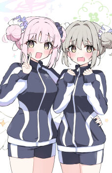 2girls :d alternate_costume alternate_hairstyle angel_wings black_jacket black_scrunchie black_shorts blue_archive blue_halo blush borrowed_hairstyle breasts commentary_request cosplay cowboy_shot double_bun feathered_wings flustered bad_tag furrowed_brow gradient_halo green_halo grey_hair gym_shorts hair_bun hair_intakes hair_ornament hair_scrunchie hair_up halo hand_on_another's_hip hands_up highres jacket long_sleeves matching_hairstyle matching_outfits medium_breasts mika_(blue_archive) mika_(blue_archive)_(cosplay) mika_(track)_(blue_archive) miyo_(blue_archive) multicolored_halo multiple_girls official_alternate_costume official_alternate_hairstyle open_mouth partial_commentary pink_hair pink_halo popped_collar sateto_(user_knrf2332) school_emblem scrunchie short_shorts shorts simple_background single_bare_shoulder smile sparkle standing star_(symbol) sweatdrop track_jacket trinity_general_school_logo two-tone_halo v white_background white_scrunchie white_wings wings yellow_eyes zipper zipper_pull_tab
