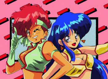 Rule 34 | 1980s (style), 2girls, blue hair, breasts, cleavage, commentary request, crop top, dirty pair, gloves, headband, highres, kei (dirty pair), long hair, memphis design, multiple girls, oldschool, one eye closed, open mouth, potiri02, red hair, retro artstyle, short hair, sidelocks, smile, tank top, white gloves, white headband, white tank top, yuri (dirty pair)