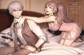 Rule 34 | 1boy, 1girl, babydoll, bed, brown eyes, brown hair, cellphone, earrings, grey eyes, grey hair, hand on another's shoulder, high heels, highres, holding, holding phone, jewelry, kujikawa rise, lingerie, moonllita, narukami yu, naughty face, necktie, open clothes, open mouth, open vest, persona, persona 4, phone, sitting, smile, twintails, underwear, vest, watch, wristwatch