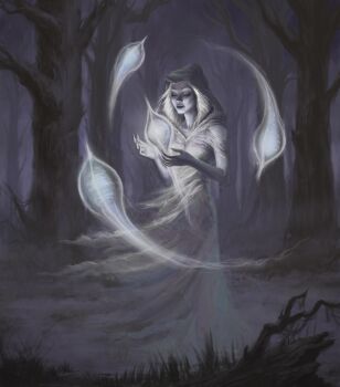 1girl absurdres artist_request bare_tree closed_eyes fog ghost highres official_art outdoors pale_skin the_elder_scrolls the_elder_scrolls_v:_skyrim tree white_hair will-o&#039;-the-wisp_(mythology) wispmother
