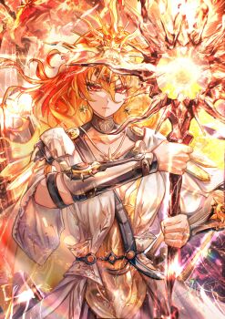 1girl absurdres ancient_greek_clothes arm_armor armor augusta_(wuthering_waves) black_collar breastplate breasts cable closed_mouth collar commentary_request dress earrings greatsword greco-roman_clothes hair_between_eyes headgear highres holding holding_sword holding_weapon jewelry medium_breasts multicolored_hair orange_hair red_eyes solo sun_earrings sword two-handed two-tone_hair upper_body weapon white_dress wuthering_waves yoru_shiki