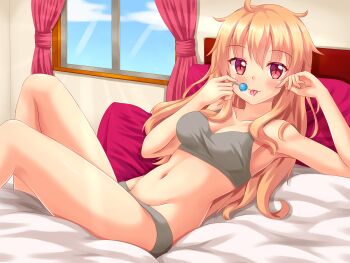 1girl :p artist_self-insert bed_sheet blonde_hair bra breasts candy collarbone curtains female_focus food grey_bra grey_panties highres indoors looking_at_viewer lying navel nottytiffy on_back on_bed original panties pillow red_eyes saliva saliva_trail solo sports_bra stomach tiffy_(nottytiffy) tongue tongue_out underwear underwear_only window