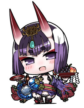 1girl bikini black_bikini blush chibi chibi_only commentary_request cup fang fate/grand_order fate_(series) food fruit grapes headpiece highres holding holding_cup horns japanese_clothes looking_at_viewer makeup oni open_mouth peach purple_eyes purple_hair sakazuki short_hair shuten_douji_(fate) simple_background skin-covered_horns solo swimsuit white_background yagumo_kengou
