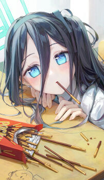 1girl absurdres aqua_halo aris_(blue_archive) black_hair blue_archive blue_eyes blush bright_pupils character_print commentary desk doodle_inset doodle_sensei_(blue_archive) double-parted_bangs food food_in_mouth hair_between_eyes halo highres jeong_yumyum long_hair long_hair_between_eyes looking_at_viewer mouth_hold pocky pocky_day pocky_in_mouth rectangular_halo ringed_eyes sensei_(blue_archive) shirt solo white_pupils white_shirt