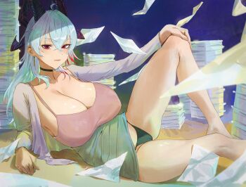 1girl absurdres alternate_costume black_choker black_horns black_panties breasts cameltoe choker closed_mouth clothes_lift collarbone commentary covered_navel curled_horns foot_out_of_frame grey_hair grey_skirt hair_between_eyes hand_on_own_knee highres horns huge_breasts knee_up long_hair looking_at_viewer multicolored_hair panties paper_stack pink_shirt red_eyes shirt sitting skirt skirt_lift solo streaked_hair tabulagami thighs underwear wuthering_waves zani_(wuthering_waves)