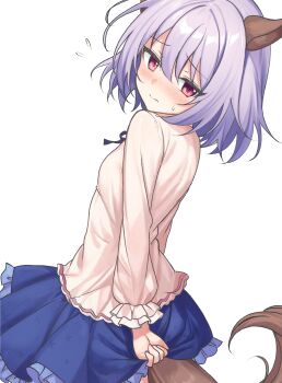 1boy absurdres animal_ears asuka_minato blue_hair blue_skirt blush closed_mouth commentary_request cowboy_shot dutch_angle embarrassed flying_sweatdrops frilled_skirt frilled_sleeves frills from_behind frown furrowed_brow ghost_villager hair_between_eyes highres horse_boy horse_ears horse_tail kemonomimi_mode long_sleeves looking_at_viewer looking_back medium_hair miniskirt nose_blush otome_domain pink_shirt pleated_skirt red_eyes shirt simple_background skirt skirt_tug solo split_mouth sweatdrop tail trap white_background