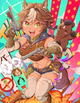 >_< 1girl abs american_flag animal_ears arm_strap bandaid bandaid_on_arm belt belt_pouch black_belt boots breast_pocket breasts brown_boots brown_gloves brown_hair buttons carrot commentary cropped_shirt dual_wielding english_commentary firing gloves gun handgun highres holding holding_gun holding_weapon horse horse_ears horse_girl horse_tail indie_virtual_youtuber navel open_mouth pocket pouch revolver shirt sirinoxo sleeveless sleeveless_shirt smile star_(symbol) tail thighhighs tomoe_umari tomoe_umari_(umari_3.0) umarmy_(tomoe_umari) virtual_youtuber weapon white_thighhighs yellow_eyes