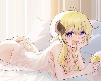 1girl animal_ears ass babydoll blonde_hair blush breasts cleavage highres hololive horns indoors large_breasts looking_at_viewer lying on_stomach open_mouth panties pillow purple_eyes see-through_clothes sheep_ears sheep_girl sheep_horns sheep_tail smile solo suiminsheep tail tsunomaki_watame underwear virtual_youtuber white_babydoll