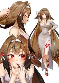 1girl absurdres alternate_costume animal_ears arm_behind_head bare_shoulders blush breasts brown_hair closed_eyes closed_mouth clover clover_hair_ornament commentary commentary_request covered_navel dress droopy_ears english_commentary grey_dress hair_ornament hairband hand_on_own_hip highres large_breasts leg_up lipstick long_hair looking_at_viewer looking_to_the_side makeup mixed-language_commentary multiple_views parted_lips red_eyes red_lips red_shoes shoes simple_background standing standing_on_one_leg very_long_hair white_background white_hairband ye_shunguang you_nf zenless_zone_zero