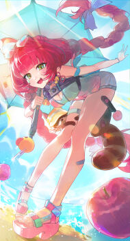 Rule 34 | 12kara34, 1girl, absurdres, apple, braid, breasts, cleavage, commentary request, eyewear on head, fang, food, fruit, full body, green eyes, highres, holding, holding umbrella, looking at viewer, one-piece swimsuit, open mouth, pigeon-toed, pink sandals, platform heels, platform sandals, red hair, sandals, solo, swimsuit, tanuki, twin braids, ukinami yuzuha, ukinami yuzuha (tanuki in broad daylight), umbrella, zenless zone zero
