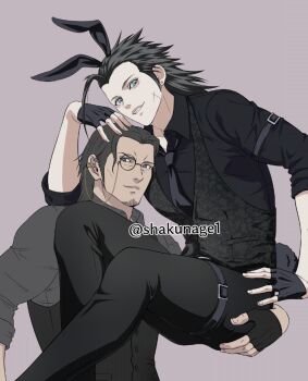 Rule 34 | 2boys, alternate color, angeal hewley, animal ears, arm around waist, beard, black gloves, black hair, black necktie, black pants, black shirt, black vest, blue eyes, collared shirt, commentary request, crisis core: final fantasy vii, cross scar, earrings, facial hair, facial scar, final fantasy, final fantasy vii, final fantasy vii: ever crisis, fingerless gloves, gloves, grey background, grey shirt, hair slicked back, jewelry, kemonomimi mode, long hair, male focus, medium hair, monocle, multiple boys, necktie, official alternate costume, pants, parted bangs, parted lips, rabbit boy, rabbit ears, rabbit tail, scar, scar on cheek, scar on face, shakunage1, shirt, sideburns, single earring, smile, tail, twitter username, unfinished, vest, waistcoat, yaoi, zack fair, zack fair (bunny butler)