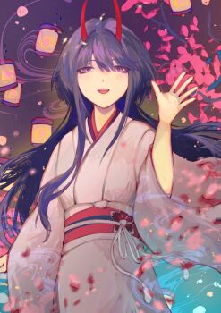 1girl :d acheron_(honkai:_star_rail) acheron_(izumo)_(honkai:_star_rail) eyeliner floral_print hand_up hashtag-only_commentary highres honkai:_star_rail honkai_(series) horns japanese_clothes kimono lantern long_hair makeup official_alternate_costume open_mouth petals purple_eyes purple_hair red_eyeliner red_horns red_sash sash smile szpw_nmh3 very_long_hair