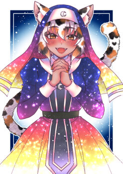 1girl absurdres animal_ear_fluff animal_ears ao_(yashuring) blush brown_hair calico_(pattern) cat_ears cat_girl cat_tail character_request commission copyright_request crescent dark-skinned_female dark_skin dress eyelashes fangs gradient_clothes gradient_dress highres jewelry long_bangs long_dress long_sleeves looking_at_viewer multicolored_hair multicolored_tail nail_polish nun open_mouth out_of_frame own_hands_together pendant puffy_long_sleeves puffy_sleeves sidelocks skeb_commission smile solo tail tail_raised veil