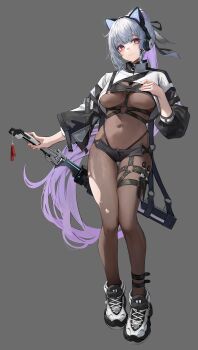 Rule 34 | 1girl, animal ear headphones, animal ears, ankle strap, artist request, axent wear, blush, bodystocking, breasts, brown bodystocking, cat ear headphones, cat ears, commentary request, commission, covered navel, fake animal ears, full body, grey background, grey hair, hair ribbon, hand on own chest, headphones, highres, holding, holding sword, holding weapon, knife, korean commentary, long hair, medium breasts, multicolored hair, orange eyes, original, ponytail, purple eyes, ribbon, second-party source, shoes, shrug (clothing), sidelocks, simple background, sneakers, solo, standing, sword, thigh strap, torn bodystocking, torn clothes, very long hair, weapon, white shoes, white shrug, yoi (yakinasu)