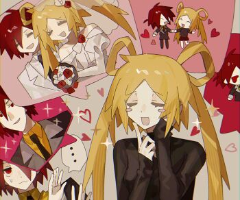 ... 1boy 1girl :d anonymous1203 bare_shoulders black_necktie black_shirt black_suit blonde_hair blush_stickers bouquet bridal_veil bride brown_background chibi chibi_inset collared_shirt commentary dress embarrassed epic_battle_fantasy flower formal_clothes groom hair_rings happy heart hetero highres hikari_(epic_battle_fantasy) lance_(epic_battle_fantasy) long_hair necktie open_mouth red_eyes red_flower red_hair red_rose red_skirt rose shirt simple_background skirt smile suit sweat upper_body veil wedding wedding_dress white_shirt