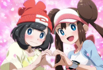 2girls :d ai-generated angry black_hair blue_eyes blush brown_hair donut_hair_bun double_bun hair_bun hat long_hair multiple_girls nintendo open_mouth pixiv@05605 pokemon pokemon_bw2 pokemon_sm red_hat rosa_(pokemon) selene_(pokemon) short_hair smile tagme twintails watermark