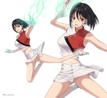 1girl artist_name black_hair breasts cheerleader commission cropped_shirt full_body gloves hair_between_eyes highres large_breasts looking_at_viewer midriff multiple_views original panties pixiv_commission red_eyes setu_kurokawa shirt shoes short_hair simple_background skirt sleeveless sleeveless_shirt sneakers socks thighs twitter_username underwear watermark white_background white_gloves white_panties white_shoes white_skirt white_socks