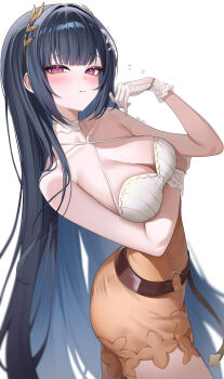 1girl abpart absurdres artist_name bare_arms bare_shoulders black_hair blush breasts cleavage closed_mouth collarbone gloves hair_ornament highres large_breasts long_hair looking_at_viewer nazuka_(stella_sora) simple_background solo stella_sora symbol-shaped_pupils white_background white_gloves