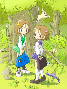 1girl ahoge antenna_hair bag bug duplicate forest kabiinyo_(kab) nature original pixel-perfect_duplicate school_uniform serafuku siblings twins vest