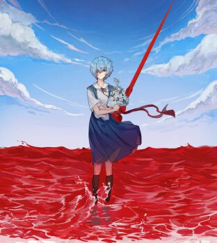 1girl absurdres ayanami_rei black_socks blue_hair blue_skirt blue_sky bouquet chinese_commentary cloud collarbone collared_shirt commentary expressionless flower full_body hair_over_one_eye highres horizon hugging_object jidan_(40677) kneehighs lance_of_longinus_(evangelion) looking_at_viewer neck_ribbon neon_genesis_evangelion ocean one_eye_covered pleated_skirt red_eyes red_ocean red_ribbon ribbon school_uniform shirt short_hair short_sleeves skirt sky socks solo straight-on suspender_skirt suspenders tokyo-3_middle_school_uniform wading white_flower white_shirt