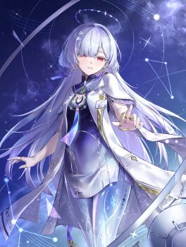 1girl absurdres breasts colored_eyelashes commentary dress earrings feet_out_of_frame gradient_clothes gradient_dress grey_hair hair_intakes hair_ornament halo hashtag-only_commentary highres id_card jacket jewelry light_blush long_hair looking_at_viewer mornye_(wuthering_waves) parted_lips purple_dress purple_sky red_eyes see-through_body short_dress side_slit sky small_breasts smile solo tacet_mark_(wuthering_waves) triangle_earrings white_jacket wuthering_waves yinghuahua