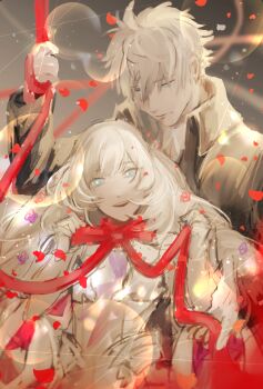 Rule 34 | 1boy, 1girl, absurdres, blue eyes, charles-henri sanson (fate), collared coat, commentary request, fate/grand order, fate (series), grey background, highres, long hair, marie antoinette (fate), open mouth, partial commentary, red ribbon, ribbon, sad, string around neck, symbolism, tkc (tkoshinchan), very long hair