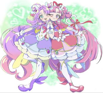 Rule 34 | 2girls, ;), ;d, absurdres, ahoge, akechi anna, blue eyes, bow, bowtie, braid, brooch, capelet, cheek-to-cheek, closed mouth, commentary, cure answer, cure mystique, double bun, dress, fingerless gloves, frilled dress, frills, gloves, gradient hair, hair bow, hair bun, hair intakes, hair ornament, hair ribbon, hamuhamufa, heads together, heart, heart brooch, heart hair ornament, highres, holding hands, impossible hair, interlocked fingers, jewelry, kobayashi mikuru, layered dress, leg up, long hair, looking at viewer, magical girl, medium dress, meitantei precure!, multicolored hair, multiple girls, one eye closed, open mouth, parted bangs, pink hair, precure, purple bow, purple bowtie, purple capelet, purple dress, purple eyes, purple hair, purple shoes, red bow, red bowtie, red capelet, red dress, red ribbon, red shoes, ribbon, shoes, smile, standing, standing on one leg, symmetrical pose, thighhighs, twin braids, white gloves, white thighhighs, wing hair ornament