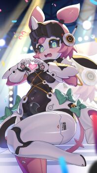 1girl absurdres blurry blurry_background blurry_foreground blush bow breasts commentary_request confetti flying_sweatdrops green_bow heart heart_hands highres humanoid_robot joints leg_up little_nine looking_at_viewer mechanical_arms mechanical_ears mechanical_legs navel open_mouth robot robot_girl robot_joints small_breasts solo spotlight stage stage_lights standing standing_on_one_leg yutane_johiel zenless_zone_zero