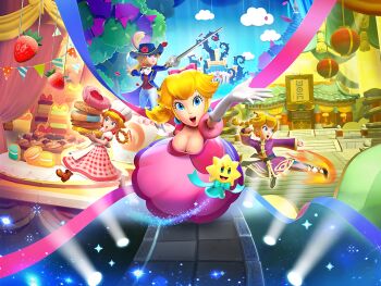 1girl 2024 20s 3d 4girls arms_up blonde_hair blue_eyes breasts chief cleavage cook cookie dress earrings edited_official_artwork food gloves hair_ribbon jewelry kung-fu_peach kung_fu large_breasts makeup mario_(series) multiple_girls nintendo open_mouth patissiere_peach pink_dress pink_lips ponytail princess princess_peach princess_peach:_showtime! rapier ribbon shiny_skin sleepiitreat solo sparkle stella_(princess_peach:_showtime!) sword swordfighter_peach tagme third-party_edit weapon