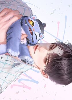 1boy aegyo_sal animal black_hair blue_fur closed_mouth collared_shirt derpy_(kpop_demon_hunters) fang fang_out gat_(hat) hat highres holding holding_animal insya_pic jinu_(kpop_demon_hunters) kpop_demon_hunters lips looking_at_viewer male_focus nose one_eye_closed parted_bangs pink_shirt portrait shirt short_hair sideways tiger white_shirt yellow_eyes