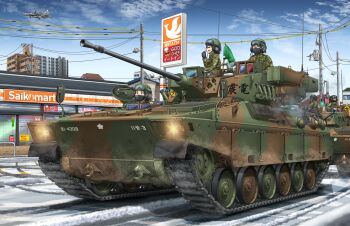 aircraft airplane black-framed_eyewear black_mask blue_eyes blue_sky brown_eyes brown_hair building camouflage camouflage_jacket caterpillar_tracks city closed_mouth combat_helmet commentary_request convenience_store day f-15_eagle fighter_jet flag glasses goggles goggles_on_headwear headphones helmet highres jacket japan_ground_self-defense_force japan_self-defense_force looking_at_viewer mask microphone mikeran_(mikelan) military military_vehicle motor_vehicle mouth_mask open_mouth original outdoors power_lines radio_antenna shop sky smile snow soldier tank type_89_ifv utility_pole vehicle_focus