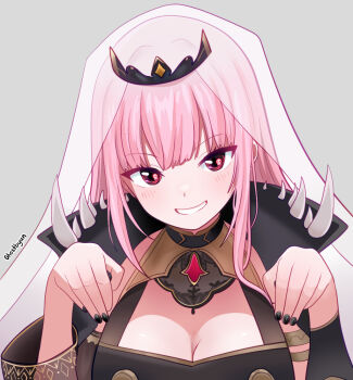 1girl black_cape black_dress black_nails blunt_bangs bracer breasts cape cleavage cleavage_cutout clothing_cutout commentary detached_sleeves dress english_commentary ghosttbyun grey_background grin hands_up hololive hololive_english large_breasts long_hair looking_at_viewer mori_calliope mori_calliope_(1st_costume) nail_polish pink_eyes pink_hair see-through_clothes see-through_sleeves see-through_veil shoulder_spikes sidelocks simple_background single_detached_sleeve smile solo spikes straight-on straight_hair tiara veil virtual_youtuber