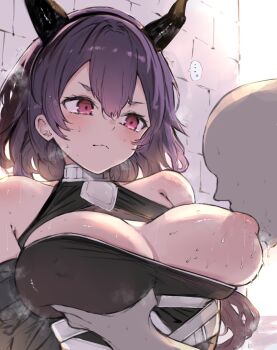 ... 1boy 1girl arknights bald bare_shoulders black_horns blush breast_sucking breasts closed_mouth commentary_request faceless faceless_male hair_between_eyes hetero highres horns kyuu_(plastic_night_q) large_breasts nipples purple_hair red_eyes short_hair spoken_ellipsis sweat typhon_(arknights) upper_body
