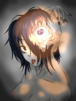 Rule 34 | 1girl, :p, artificial eye, black hair, black nails, breasts, coppelion, earrings, female focus, fingernails, fog, glowing, glowing eye, heterochromia, ichikawa meisa, jewelry, long fingernails, looking at viewer, m o (prftz), nail polish, nipples, nude, open skull, radiation symbol, side ponytail, small breasts, solo, symbol-shaped pupils, tongue, tongue out, upper body