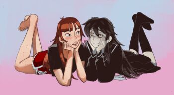 Rule 34 | 2girls, awa nana, bags under eyes, barefoot, black legwear, black serafuku, blush, body freckles, borrowed character, brown hair, buck teeth, eye contact, feet, female focus, freckles, full body, hair between eyes, head rest, highres, kara eklund, looking at another, lying, mossacannibalis, multiple girls, on stomach, original, pale skin, pleated skirt, school uniform, serafuku, simple background, skirt, socks, teeth