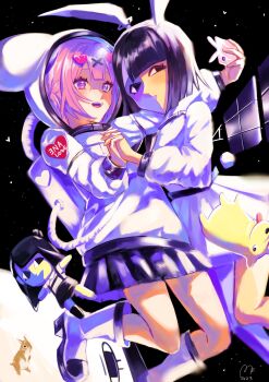 2girls animal_ears astronaut blue_skin blush cellphone character_doll colored_skin dog doll ena_(ena) ena_(series) ena_(species) ena_(web_series) happy_ena helmet highres holding_hands hourglass_dog interlocked_fingers moony_(ena) multicolored_skin multiple_girls open_mouth phone rabbit_ears skirt smartphone smile space space_helmet split-color_skin stuffed_toy taking_picture two-tone_skin usagimarumei yellow_skin yuri