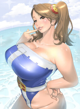 1girl bare_shoulders beach belt blue_one-piece_swimsuit breasts brown_eyes brown_hair casual_one-piece_swimsuit cleavage cloud collarbone commentary_request cowboy_shot dated day finger_to_mouth fisheye gundam gundam_build_fighters gundam_build_fighters_try hand_on_own_hip highres huge_breasts kotoyoshi_yumisuke lips looking_at_viewer looking_to_the_side mature_female ocean one-piece_swimsuit outdoors parted_lips plump sazaki_kaoruko signature sky smile solo strapless strapless_one-piece_swimsuit swimsuit thick_arms twintails water