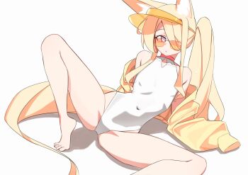 1girl absurdres animal_ears blue_archive clothing_cutout cross_halo diamond_cutout fox_ears fox_girl halo highres jacket k_dhen official_alternate_hairstyle one-piece_swimsuit orange-tinted_eyewear seia_(blue_archive) seia_(swimsuit)_(blue_archive) solo spread_legs sunglasses swimsuit tinted_eyewear visor_cap white_one-piece_swimsuit yellow_halo yellow_jacket yellow_visor