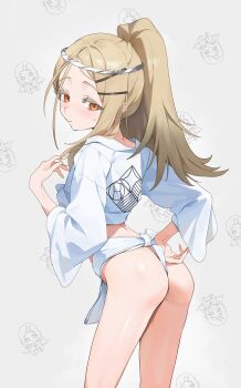 1girl alternate_costume alternate_hairstyle ass character_background chibi colored_eyelashes commentary_request flipped_hair from_behind fundoshi gakuen_idolmaster hair_ornament hairclip high_ponytail highres idolmaster japanese_clothes long_hair looking_at_viewer mizu_happi orange_eyes parallel_hairclips ponytail shinosawa_hiro simple_background skinny solo zzzearly