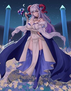 1girl alternate_costume artist_name bare_shoulders blue_boots boots bouquet breasts choker cleavage closed_mouth collar collarbone colored_inner_hair commentary commission cosplay covered_navel crescent_moon dress eitr_(fire_emblem) eitr_(fire_emblem)_(cosplay) english_commentary field fire_emblem fire_emblem_heroes flower flower_field freyja_(fire_emblem) freyja_(parallel_hearts)_(fire_emblem) full_body goat_horns hair_between_eyes high_heel_boots high_heels highres holding holding_flower horn_ornament horns large_breasts long_hair long_sleeves looking_at_viewer moon multicolored_hair navel night nintendo no_panties novasvr off-shoulder_dress off_shoulder outdoors pelvic_curtain purple_hair red_eyes second-party_source side_slit skindentation solo thick_thighs thigh_boots thighs twitter_username white_dress white_hair
