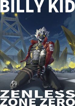 1boy aalto1031 aiming aiming_at_viewer artist_name belt billy_kid black_pants black_shoes bridge chain character_name clothed_robot copyright_name crystal full_body gun hashtag-only_commentary highres holding holding_gun holding_weapon humanoid_robot jacket kneeling leaning_back male_focus mechanical_hands metal_skin open_clothes outdoors pants pouch red_jacket robot robot_boy sheriff_badge shoes solo sparkle spiked_hair thigh_pouch twitter_username weapon white_hair yellow_eyes zenless_zone_zero