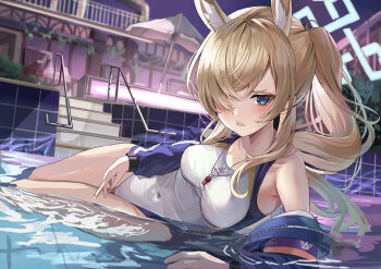 1girl animal_ear_fluff animal_ears aqua_halo arm_support blonde_hair blue_archive blue_eyes blue_jacket blurry blurry_background blush breasts collarbone commentary covered_navel crop_top dog_ears dog_girl extra_ears eyebrows_hidden_by_hair eyelashes floating_hair full_body hair_over_one_eye halo highres jacket jacket_partially_removed kanna_(blue_archive) kanna_(swimsuit)_(blue_archive) large_breasts long_hair long_sleeves looking_at_viewer lying night official_alternate_costume official_alternate_hairstyle on_side one-piece_swimsuit one_eye_covered open_clothes open_jacket outdoors ponytail pool rectangular_halo sharp_teeth sidelocks single_bare_shoulder solo suidou_chaahan swimsuit teeth thighs track_jacket tsurime v-shaped_eyebrows water white_one-piece_swimsuit