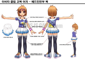Rule 34 | artist request, black bra, black thighhighs, blue shirt, blue shoes, blue sleeves, blunt ends, bra, breasts, brown eyes, brown hair, closed mouth, collarbone, collared shirt, commentary request, cross-laced shoes, dot nose, dual persona, fingernails, from behind, from side, korean commentary, korean text, legs apart, light smile, looking at viewer, medium breasts, multiple views, notes, off-shoulder shirt, off shoulder, official art, open hands, pleated skirt, production art, reference sheet, shirt, shoes, simple background, skirt, sneakers, sportswear, standing, star (symbol), star print, straight-on, tennis skirt, tennis uniform, text print, thighhighs, third-party source, translation request, turnaround, underwear, watermark, web address, white background, white skirt, wristband, yogurting