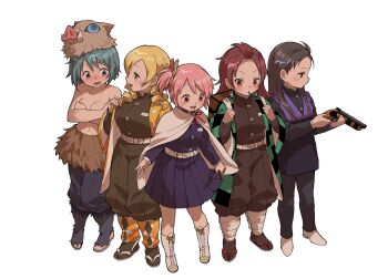 5girls :d agatsuma_zenitsu agatsuma_zenitsu_(cosplay) akemi_homura alternate_hairstyle bangs_pinned_back belt black_hair black_pants black_socks blonde_hair blue_eyes blue_hair blush boar_mask boots breasts butterfly_hair_ornament cape checkered_haori closed_mouth color_connection commentary cosplay covering_privates demon_slayer_uniform drill_hair earrings embarrassed food food_in_mouth full_body fur-trimmed_pants fur_trim gohanha118 green_haori grey_eyes gun hair_color_connection hair_ornament hanafuda_earrings haori hashibira_inosuke hashibira_inosuke_(cosplay) highres holding holding_gun holding_own_skirt holding_weapon japanese_clothes jewelry kamado_tanjirou kamado_tanjirou_(cosplay) kaname_madoka kimetsu_no_yaiba large_breasts long_hair long_sleeves looking_at_object mahou_shoujo_madoka_magica mahou_shoujo_madoka_magica_(anime) miki_sayaka multiple_girls open_mouth pants pink_eyes pink_hair pleated_skirt pocky pocky_in_mouth print_haori red_eyes red_hair sakura_kyoko sandals shinazugawa_genya shinazugawa_genya_(cosplay) shoes short_hair short_side_ponytail shotgun side_ponytail sidelocks simple_background skirt small_breasts smile socks standing tabi toeless_legwear tomoe_mami topless_female tsuyuri_kanao tsuyuri_kanao_(cosplay) twin_drills twintails weapon weapon_connection white_background white_belt white_boots white_cape white_shoes yellow_eyes yellow_haori