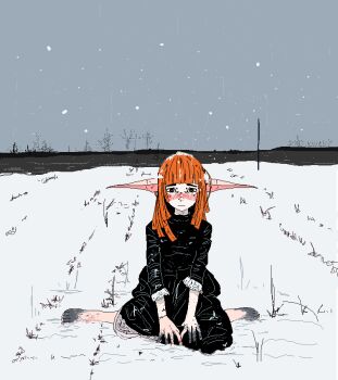 1girl bare_tree barefoot black_dress bleeding blood blood_on_arm blood_on_face blunt_bangs blunt_ends body_freckles brown_eyes cold commentary crying crying_with_eyes_open cuts dithering dress dry_grass elf english_commentary feet freckles frilled_sleeves frills frostbite full_body grass grey_sky hands_on_own_knee hill horizon injury jaggy_lines lake light_frown long_dress long_hair looking_at_viewer nosebleed on_ground orange_hair original overcast pointy_ears sad sitting sky snow snow_on_body snow_on_head snowing solo straight-on stuffbecauseidk tears tree very_long_ears wariza winter