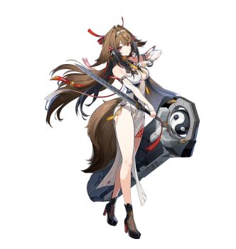 1girl bare_legs bare_shoulders black_hair boots breasts brown_hair brown_tail china_dress chinese_clothes detached_sleeves dress full_body gradient_hair hair_intakes hair_ornament hairband high_heel_boots high_heels highres holding holding_sword holding_weapon leg_tattoo long_hair looking_at_viewer multicolored_hair official_art red_eyes red_ribbon ribbon sleeveless sleeveless_dress solo streaked_hair sword tail tattoo thighs transparent_background very_long_hair weapon white_dress white_hairband ye_shunguang zenless_zone_zero