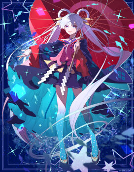 1girl :d absurdres blue_eyes cho_kaguya-hime! colored_extremities commentary full_body hair_ornament hair_rings highres holding holding_umbrella japanese_clothes kimono long_hair long_sleeves looking_at_viewer oil-paper_umbrella open_mouth pink_eyes pleated_skirt runami_yachiyo skirt smile solo standing star_(symbol) star_print symbol-only_commentary thighhighs tiandingfengren twintails umbrella very_long_hair white_hair wide_sleeves