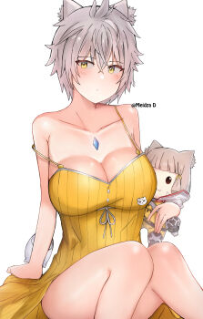 1girl animal_ears breasts cat_ears character_doll character_pin chest_jewel cleavage core_crystal_(xenoblade) cosplay doll dress dress_swimsuit dromarch_(xenoblade) facial_mark grey_hair highres large_breasts meidza_d messy_hair na&#039;el_(xenoblade) nia_(fancy_sundress)_(xenoblade) nia_(xenoblade) nia_(xenoblade)_(cosplay) one-piece_swimsuit ribbed_swimsuit short_hair solo strap_slip sundress swimsuit xenoblade_chronicles_(series) xenoblade_chronicles_2 xenoblade_chronicles_3 xenoblade_chronicles_3:_future_redeemed yellow_dress yellow_eyes yellow_one-piece_swimsuit